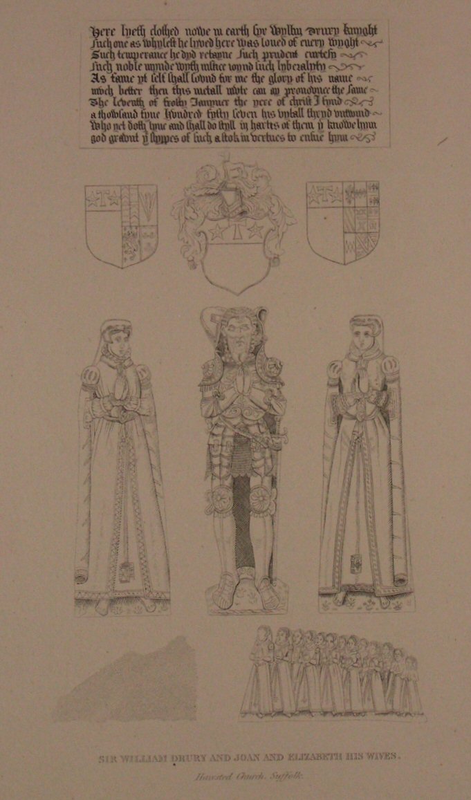 Print - Sir William Drury and Joan and Elizabeth his Wives. Hawsted Church, Sussex. - Basire